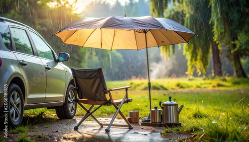 Rainy Lakeside Tent Campsite with Chair in Misty Mountain Forest