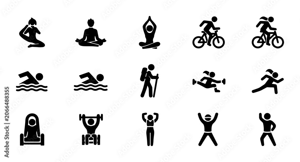 Obraz premium Fitness Icons Set, Sports Vector Graphics, Healthy Lifestyle Symbols, Exercise Pictograms