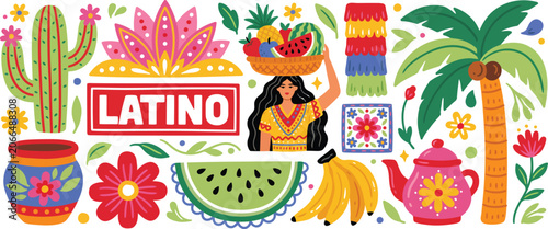 Cuadro en lienzo Colorful latino cultural with woman carrying fruit basket and text