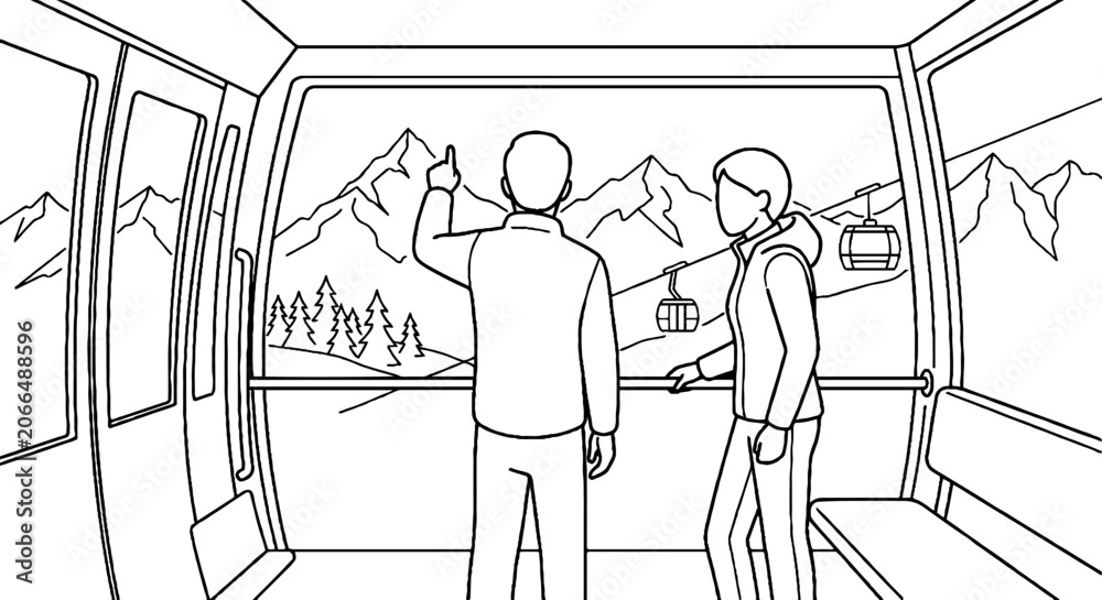 Obraz premium Two people observing mountain landscape from train window.
