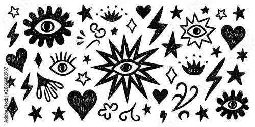 Tableau sur toile Occult Symbols And Celestial Motifs Black Vector Illustration On White Backgroun