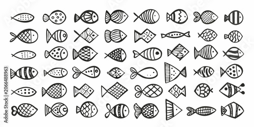 Canvas Print Collection Of Hand Drawn Fish Doodles Black And White Vector Illustration