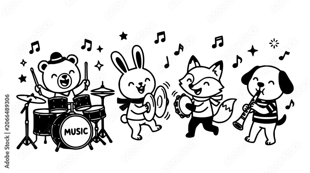 Naklejka premium Music Animals Cartoon Set with Drum Panda, Bunny Dancer, Cat Performer, and Fish Guitarist for Playful Sound Icons