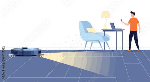 Modern smart home concept features a robot vacuum cleaner sweeping the floor while a man works on a laptop in a living room.