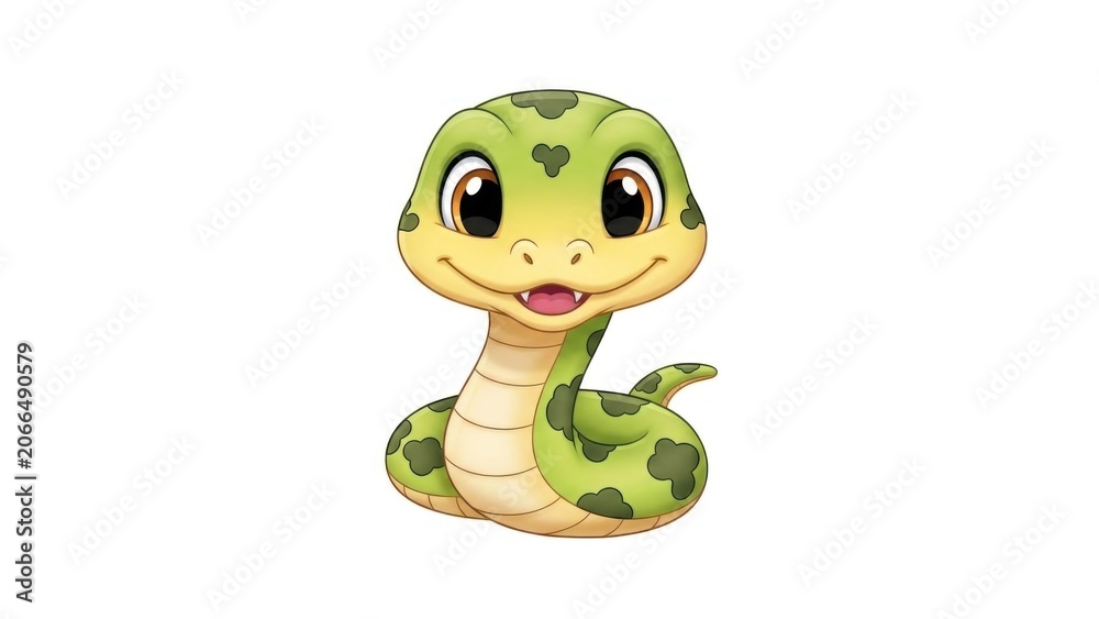 Fototapeta premium A cartoonish green snake with a cheerful expression and large eyes