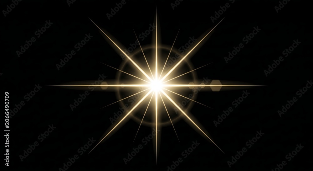 Fototapeta premium Radiant golden starburst with lens flare rays isolated on black transparent backdrop now.