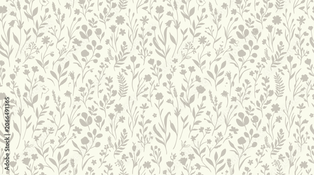 Obraz premium Flat vector seamless pattern, small wildflowers, botanical stems and delicate foliage, soft pastel colors