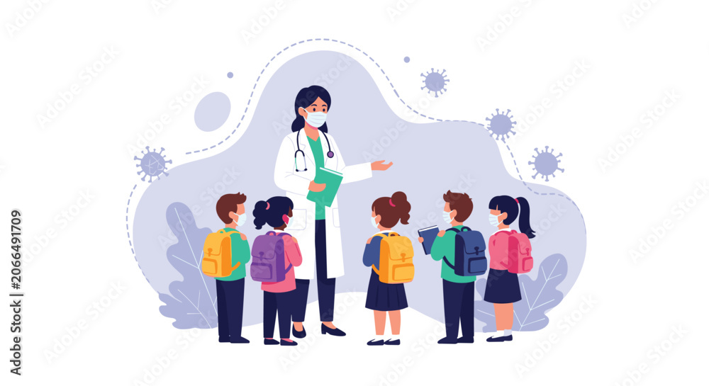Fototapeta premium Professional female doctor wearing a face mask and white coat talking to a group of young school children wearing backpacks.