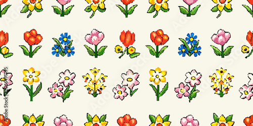 Obraz na plátně Floral ornament with assorted pixelated flowers on a cream background