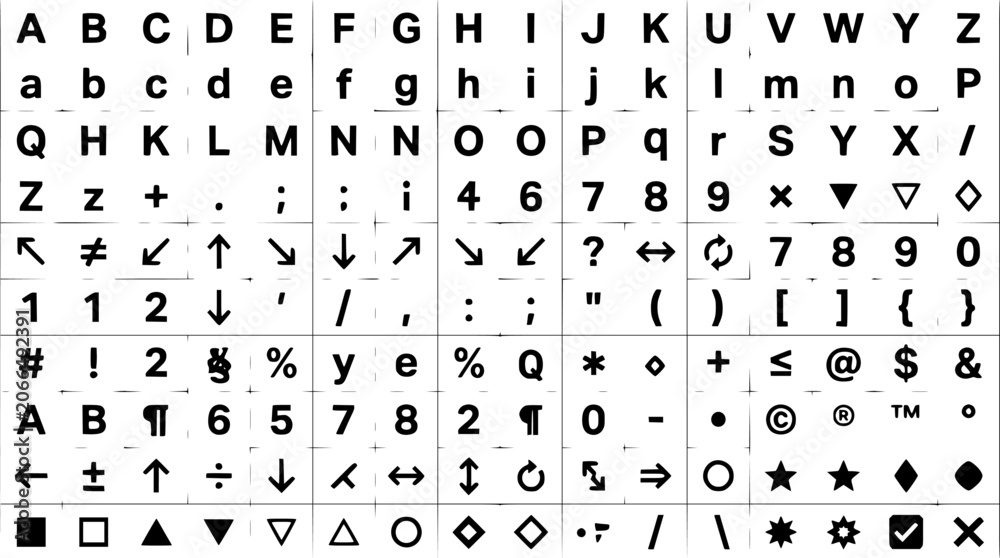 Obraz premium Arrows and Symbols Alphabet Set with Geometric Icons for Interface Design, Education Worksheets, and Vector Graphics Collections