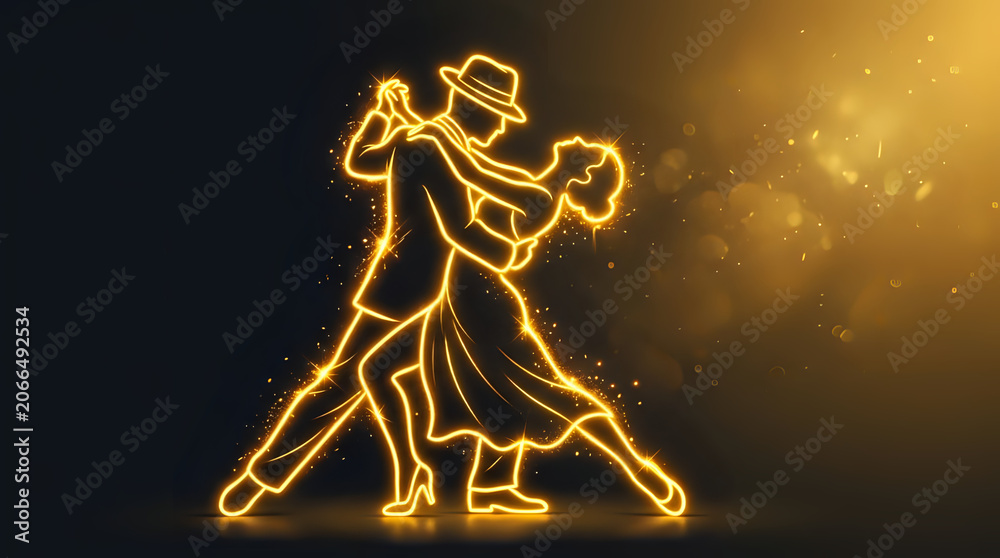 Fototapeta premium Golden neon glowing couple dancing tango or ballroom on dark background with ballroom, performance