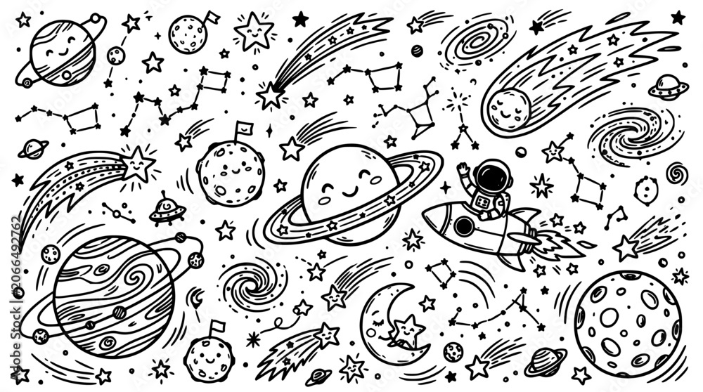 Fototapeta premium Planets and Stars Whimsical Black and White Line Drawing with Rockets, Comets, and Floating Space Elements Background