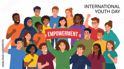 Diverse youth group holding empowerment banner for International Youth Day celebration.