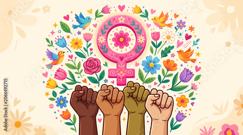 Diverse women's raised fists with female symbol and colorful flowers illustration.