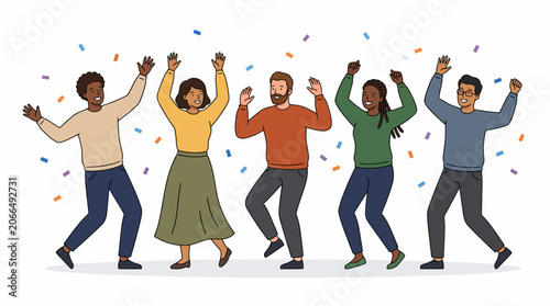 Diverse group of young adults dancing with confetti at a celebration party.