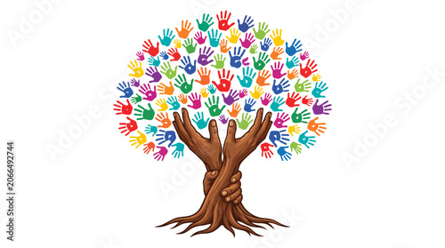 Diverse hands forming a tree trunk with colorful handprint leaves for unity concept.