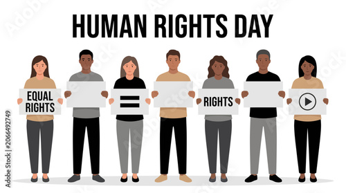 Diverse people holding signs for Human Rights Day awareness.