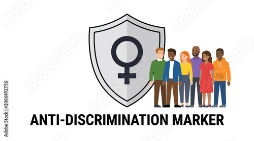 Diverse people standing with female symbol shield for equality campaign.