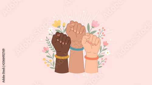 Diverse raised fists with blooming flowers celebration for International Women's Day.