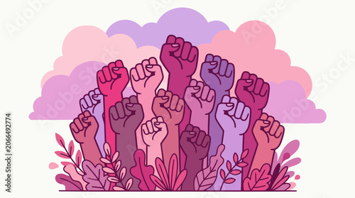 Diverse raised fists illustration representing solidarity, social protest and collective strength.