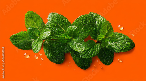 Fresh green mint leaves with water droplets on solid bright orange background