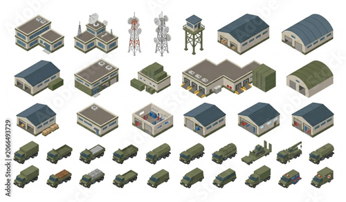 Military Base Buildings and Support Vehicle Vector Set for City Illustration