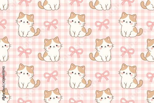Cute Cat and Ribbon Gingham Seamless Pattern Background