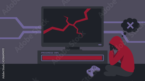 Minimalist illustration of a frustrated gamer sitting by a broken monitor with a stalled 99 percent progress bar.