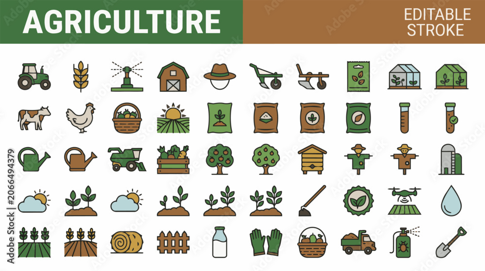 Fototapeta premium Agriculture and farming colorful icons set.