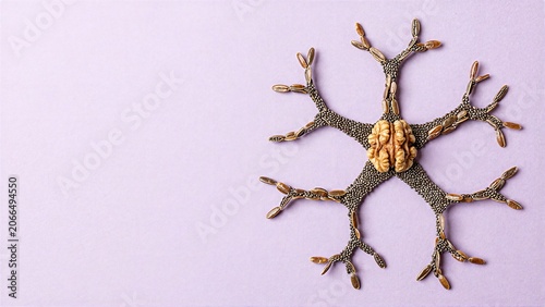 Walnut and seed arrangement on purple background