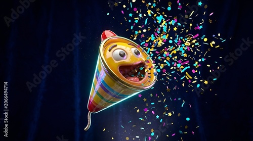 Colorful cartoon party horn with confetti celebrating happy joyful occasion