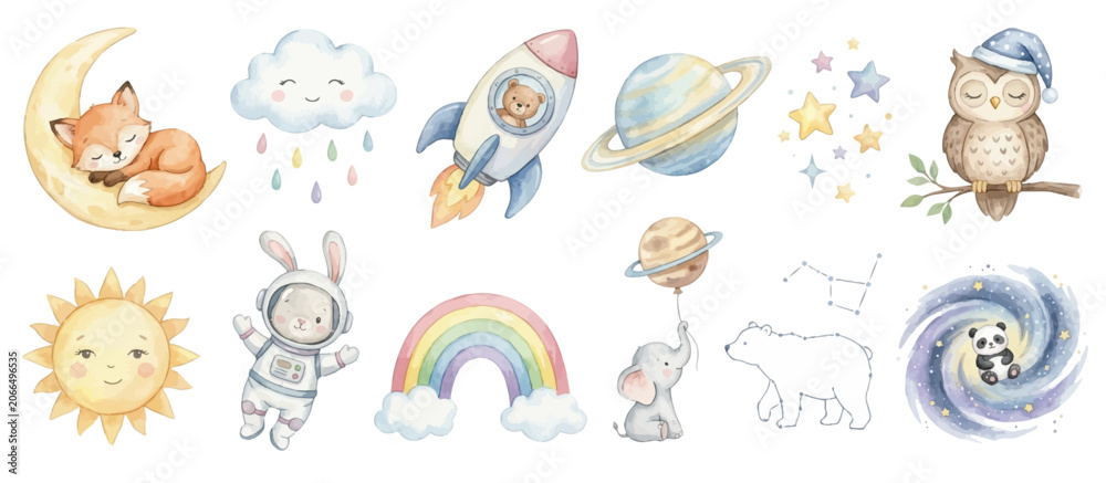 Fototapeta premium Cute bedtime clipart set featuring whimsical cosmic theme and soft nursery design accents. Collection of Vector illustrations for invitation, card, poster, banner, decoration 