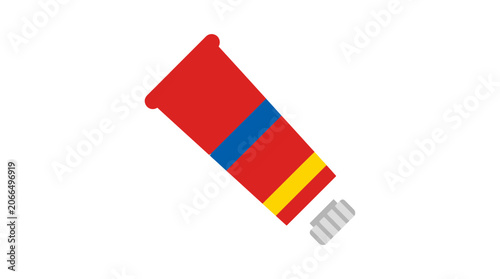 Red Paint Tube with Blue and Yellow Stripes, Open Cap, Isolated