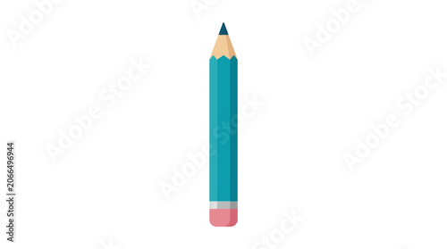 Teal Pencil with Pink Eraser on White Background, Simple Flat Design