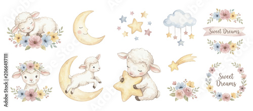 Fotografía Cute baby sheep clipart set with moon stars and soft pastel flowers for nursery decor