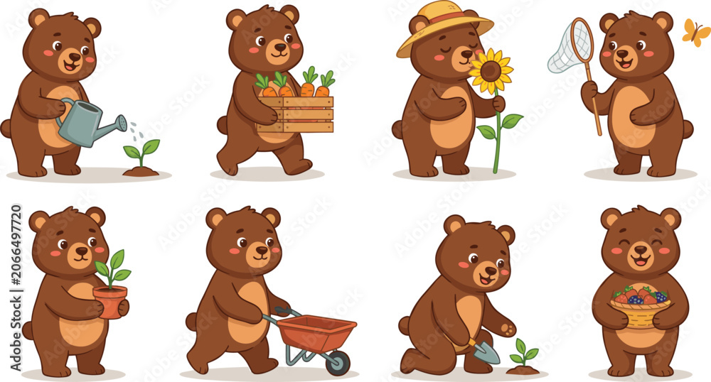 Fototapeta premium Cute cartoon bear character set gardening planting crops and harvesting isolated on white background
