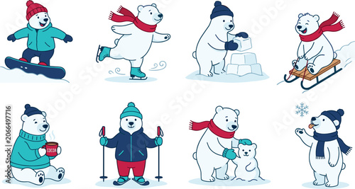 Cute polar bear cartoon characters enjoying winter sports and outdoor activities vector illustration set