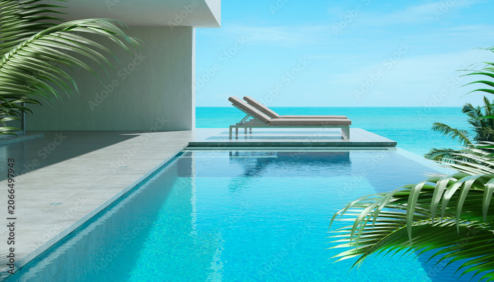 Fototapeta premium Modern luxury villa with infinity pool and panoramic ocean view illustration