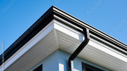 soffit. Clean white soffit board under eaves contrasting with dark rain gutter. real-estate listings, architecture portfolios, designed for real-estate listing and luxury residence showcases.