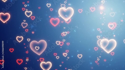 Glowing pink and white hearts floating on a soft blue background