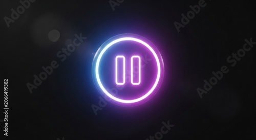 Glowing Neon Pause Button Icon on Dark Background.