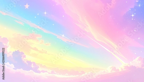 A pastel sky with clouds and stars.