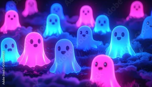A group of cute, glowing ghosts in shades of pink, blue, and purple are scattered across a dark, misty landscape.