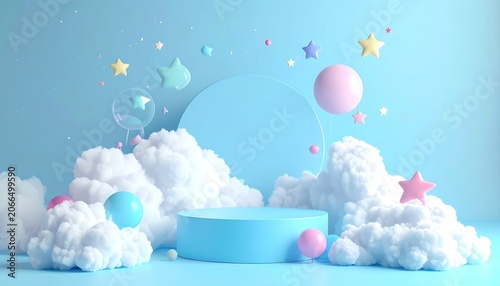 A serene sky-blue scene with fluffy white clouds, a circular podium, and whimsical star and balloon decorations.