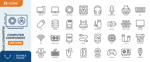 Computer component line editable icon set. Contain icons related to part of computer, monitor, server, cpu, hard drive, RAM, webcam, and more. Editable stroke. Vector illustration