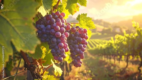 Ripe purple grapes hanging on a vine in a sunlit vineyard during the golden hour