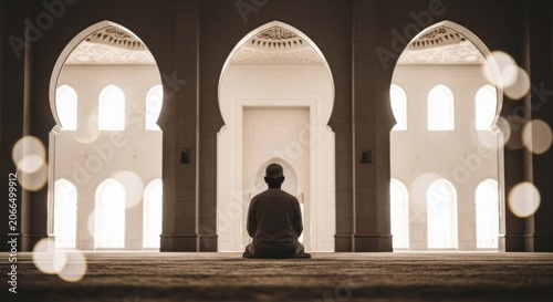 Man Praying in Mosque with Arched Windows.