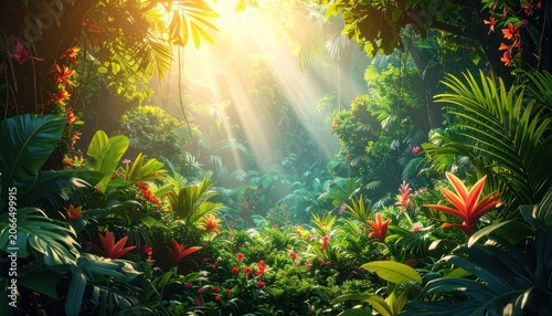 Sunlight streams through a lush, vibrant rainforest canopy, illuminating exotic flowers and dense foliage.