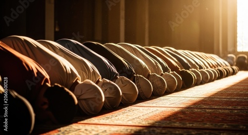 Muslims Praying in Congregation During Sunrise in Mosque.