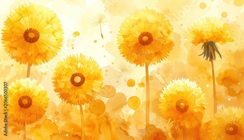 A watercolor painting features a cluster of yellow dandelions with dandelion seeds floating in the air, set against a soft, textured background.